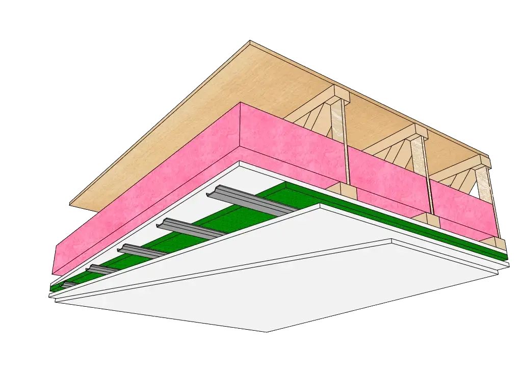 12" Open Joist with 5.5" R20 Batt Insulation, Drywall, 3/4" SONOPan, Resilient Channel and 2 Sheets of 5/8" Type X Drywall
