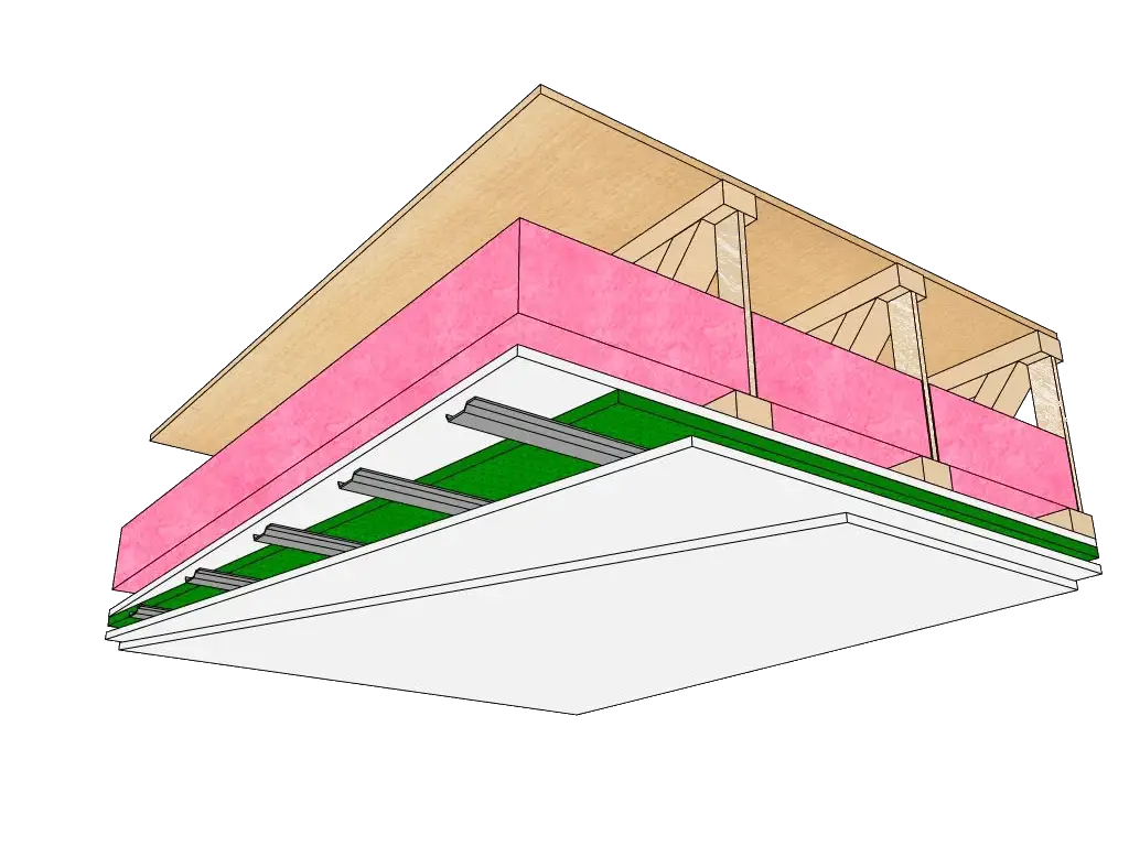 12" Open Joist with 5.5" R20 Batt Insulation, Drywall, 3/4" SONOPan, Resilient Channel and 2 Sheets of 5/8" Type X Drywall