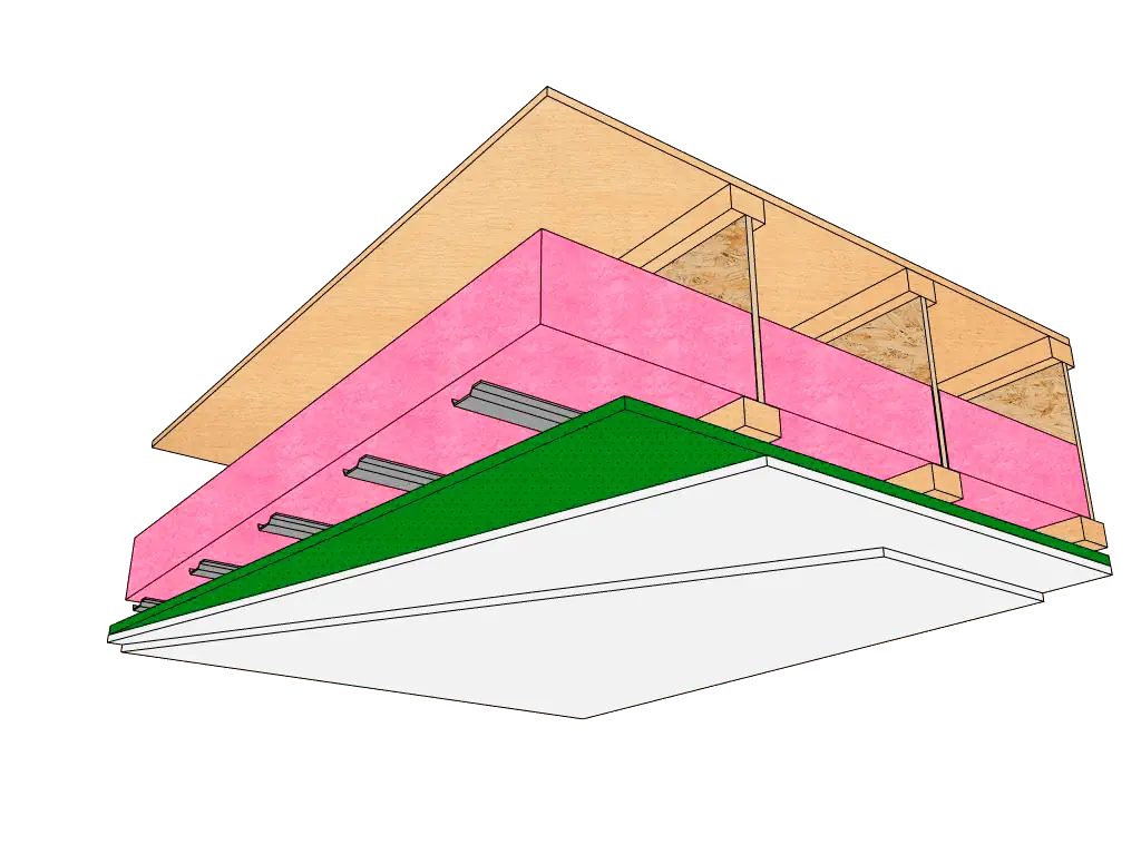 12" Open Joist with 5.5" R20 Batt Insulation, Resilient Channel, 3/4" SONOPan and 2 Sheets of 5/8" Type X Drywall